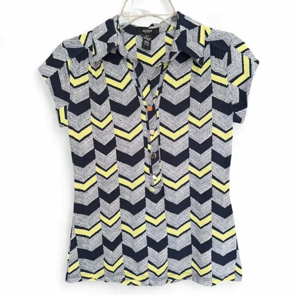 Alfani Yellow and navy blue chevron button up blouse size P
